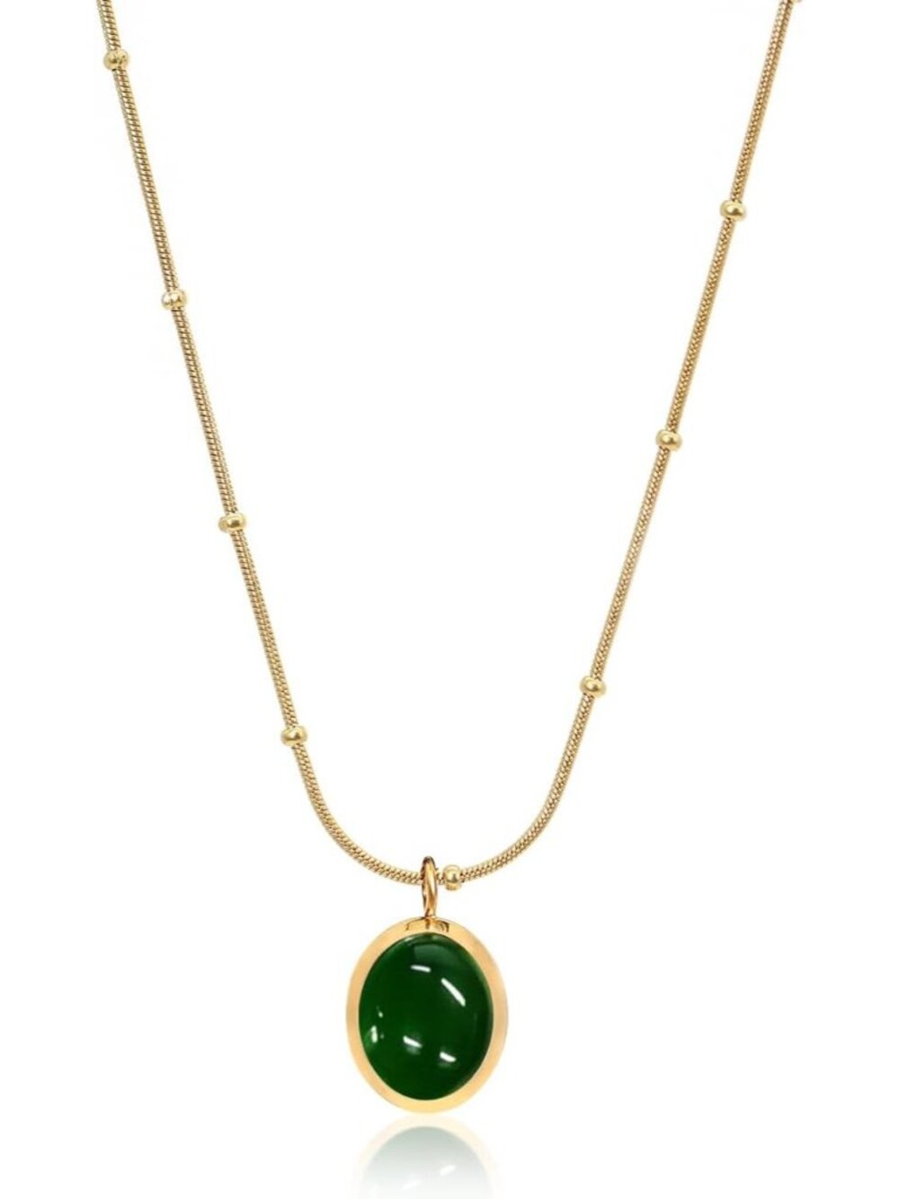 Women's Dark Green Cat Eye Oval Pendant Satellite Chain Beaded Choker Necklace
